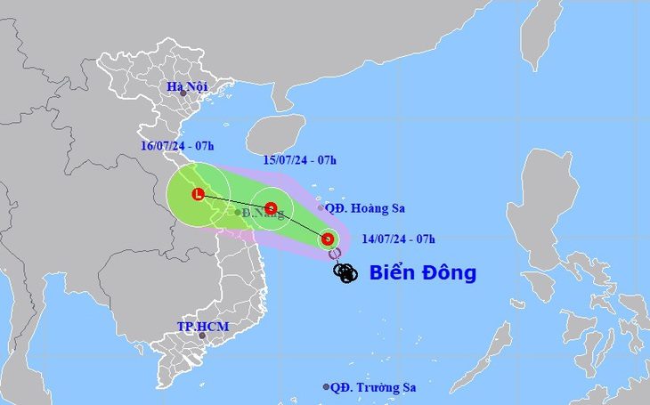 Áp thấp nhiệt đới tăng cấp gió khi vào vùng biển Quảng Bình đến Quảng Ngãi- Ảnh 1. Dự báo đường đi của áp thấp nhiệt đới vào sáng nay 14-7 - Ảnh: TRUNG TÂM DỰ BÁO KHÍ TƯỢNG THỦY VĂN QUỐC GIA